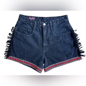 Rare VTG Frenzy Fringe Denim Festival Boho Jean Shorts Made in USA Sz S Hi-Waist